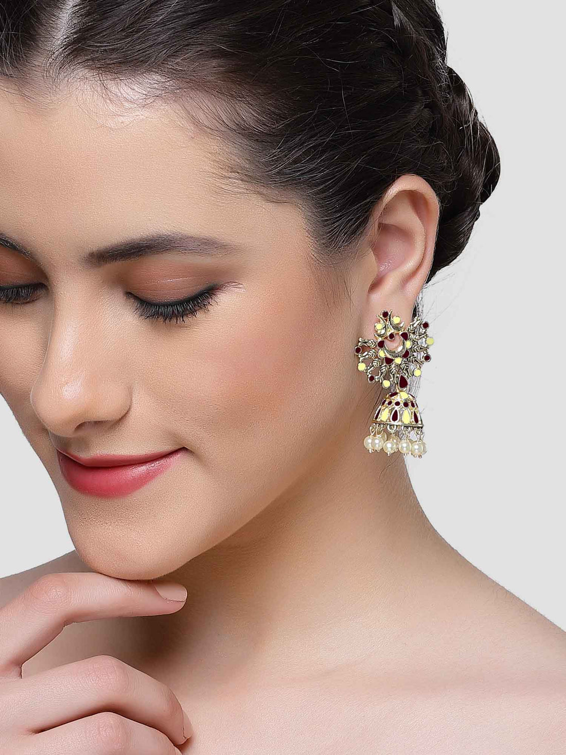 Karatcart Gold Plated Brown and Cream Meena Jhumki Earrings for Women