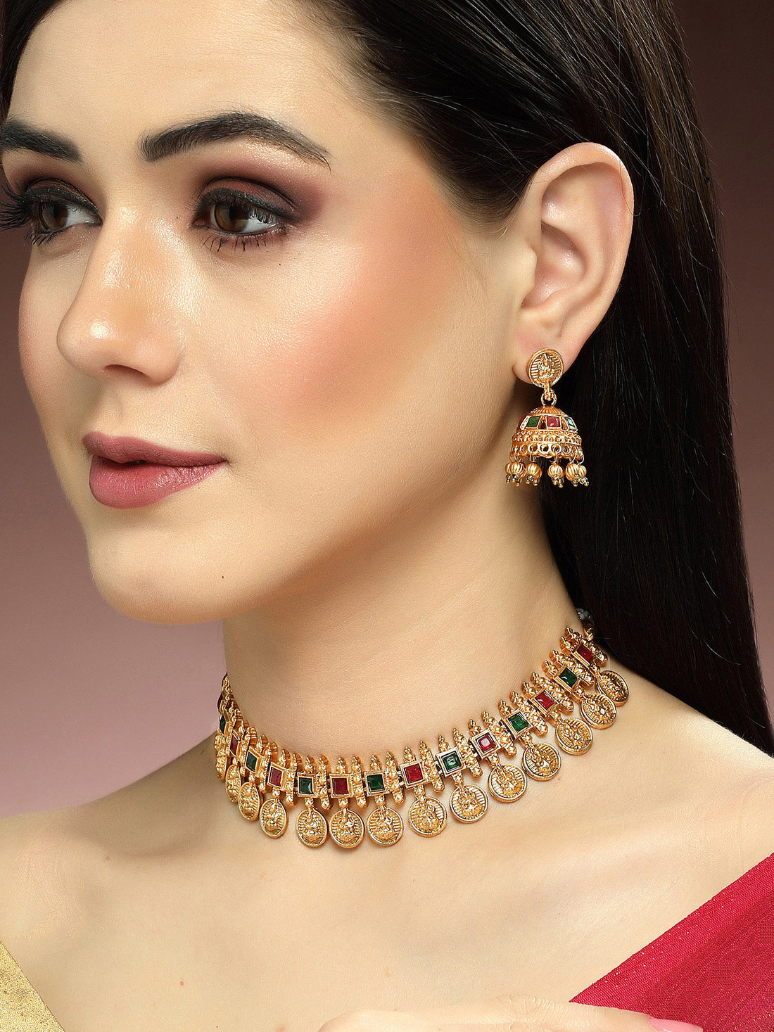 Karatcart Gold Plated Red & Green Stones Temple Jewellery Set for Women