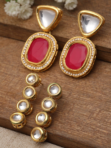 Karatcart Red and Gold Set of 2 Polki Kundan Drop Earrings for Women