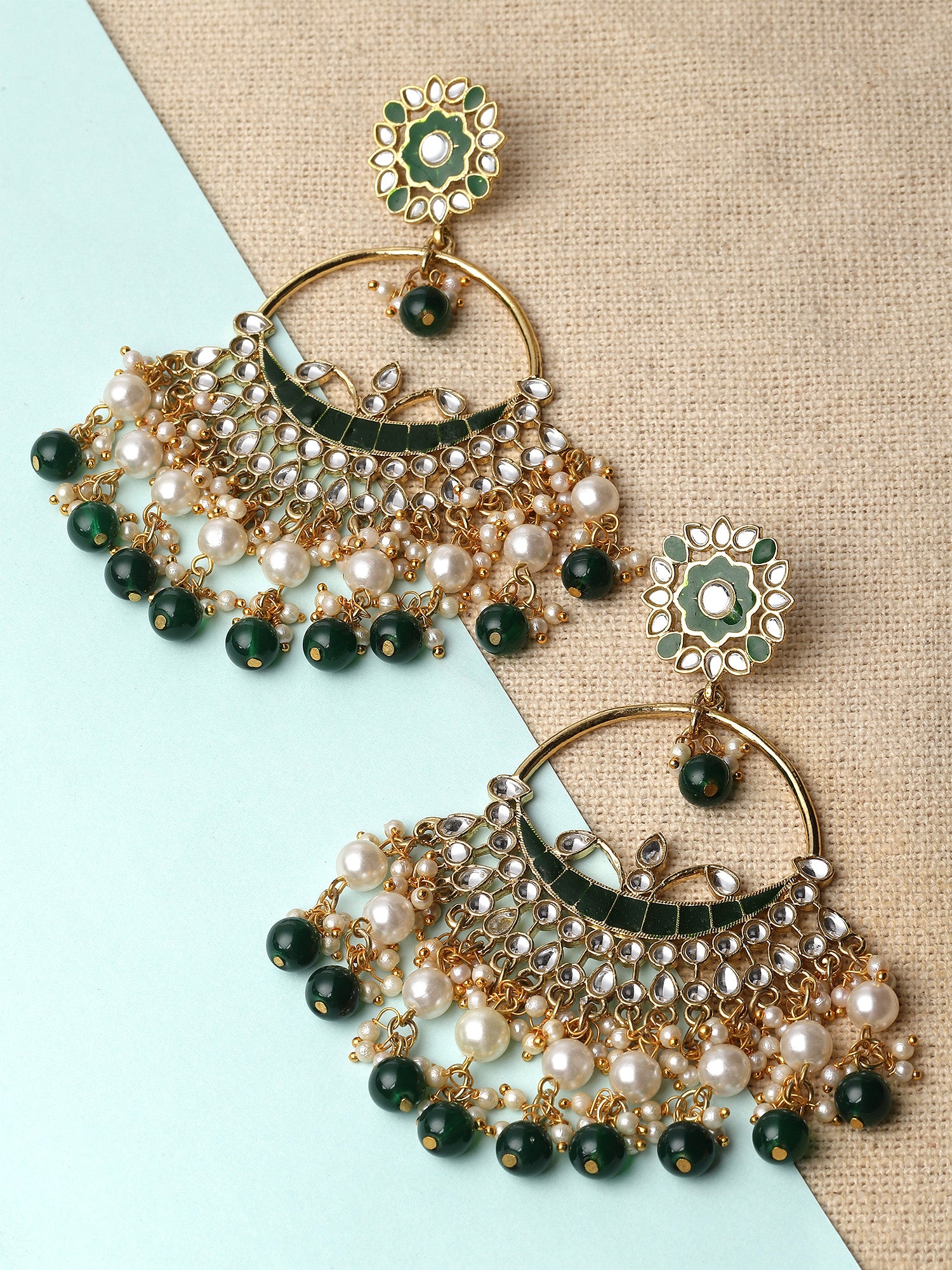 Karatcart Gold Plated Green Beads and Pearl Kundan Chandbali Earrings for Women - view 3