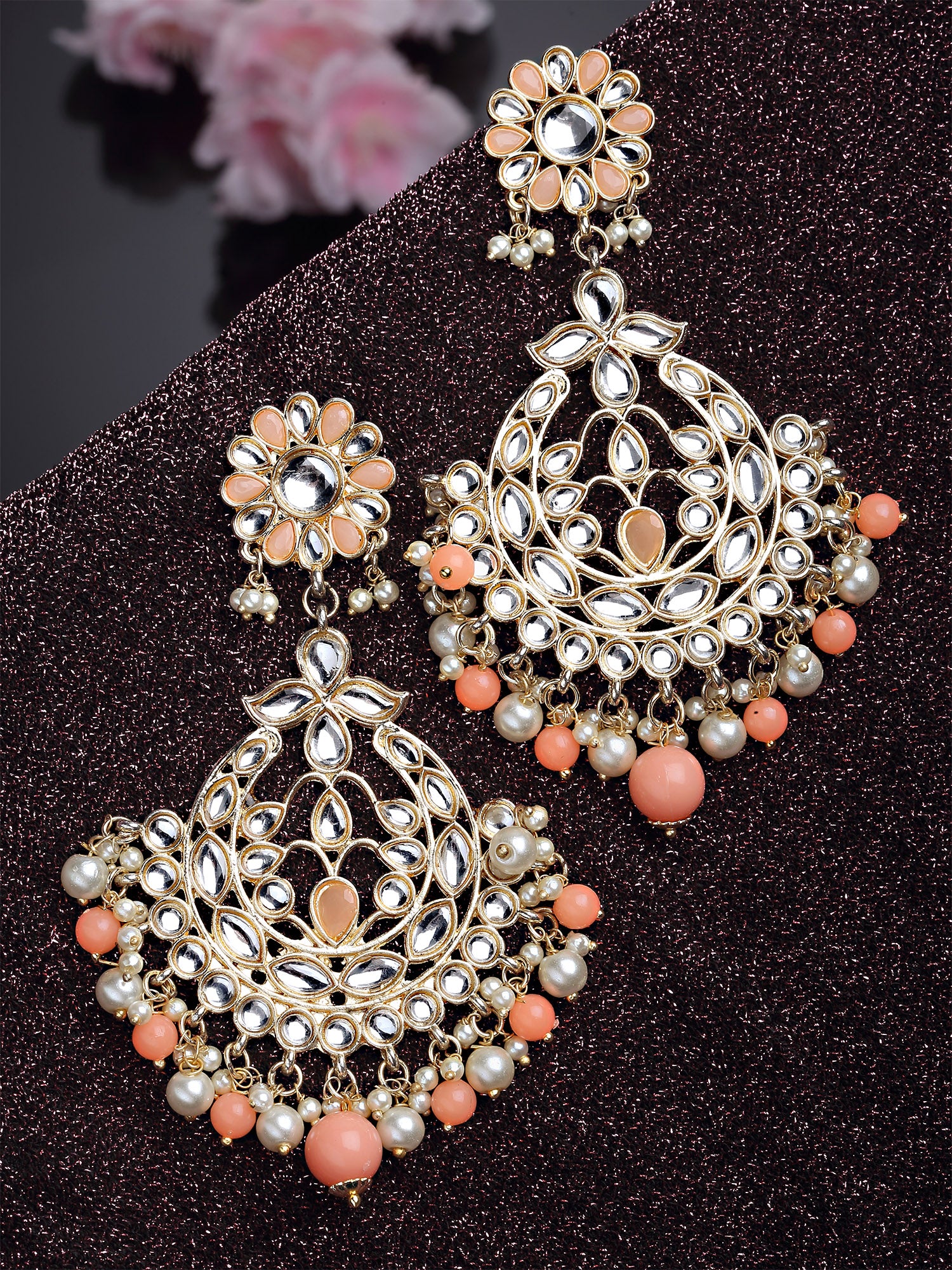 Karatcart Gold Plated Peach Beads and Pearl Studded Kundan Dangler Earrings for Women - view 3