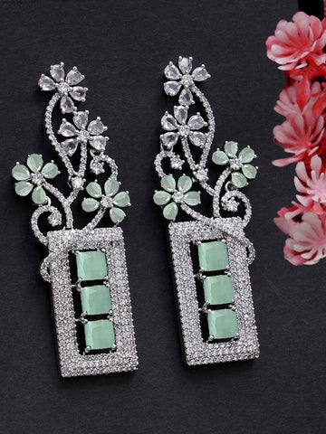 Karatcart Silver Tone Lime Green Cubic Zirconia Studded Floral Drop Earrings for Women