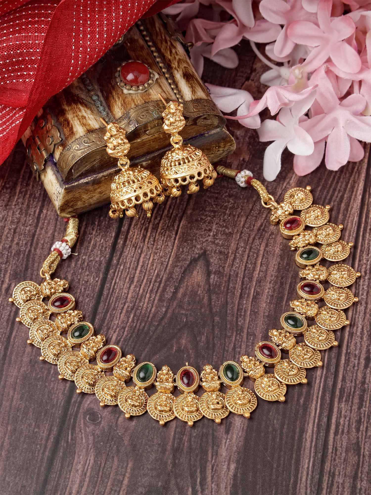 Karatcart Gold Plated Red & Green Stones Classic Laxmi Mata Temple Jewellery Set for Women - view 3