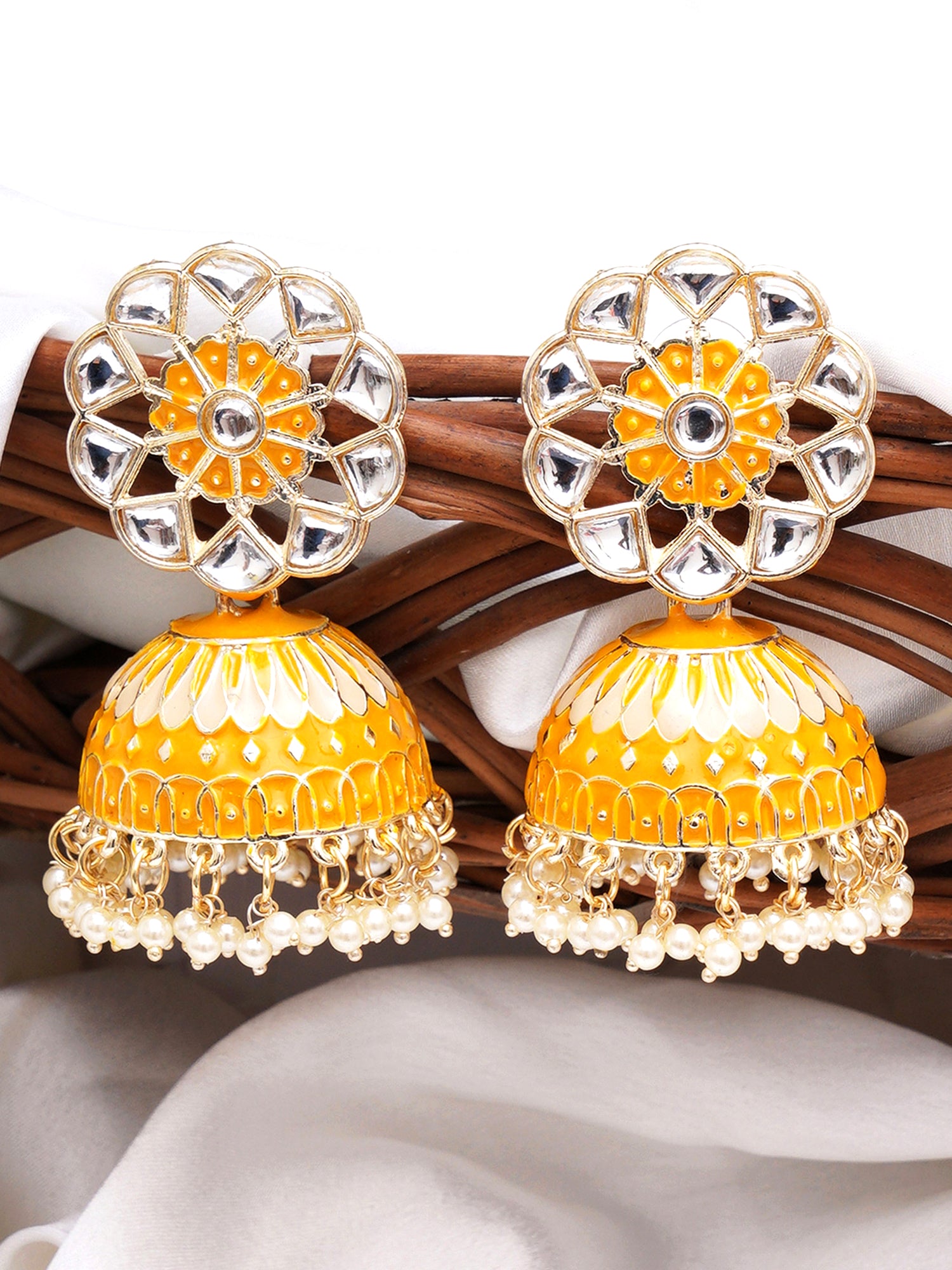 Karatcart Gold Plated Yellow Meena Kunda Studded Jhumki Earrings for Women - Image 1