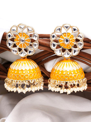 Karatcart Gold Plated Yellow Meena Kunda Studded Jhumki Earrings for Women