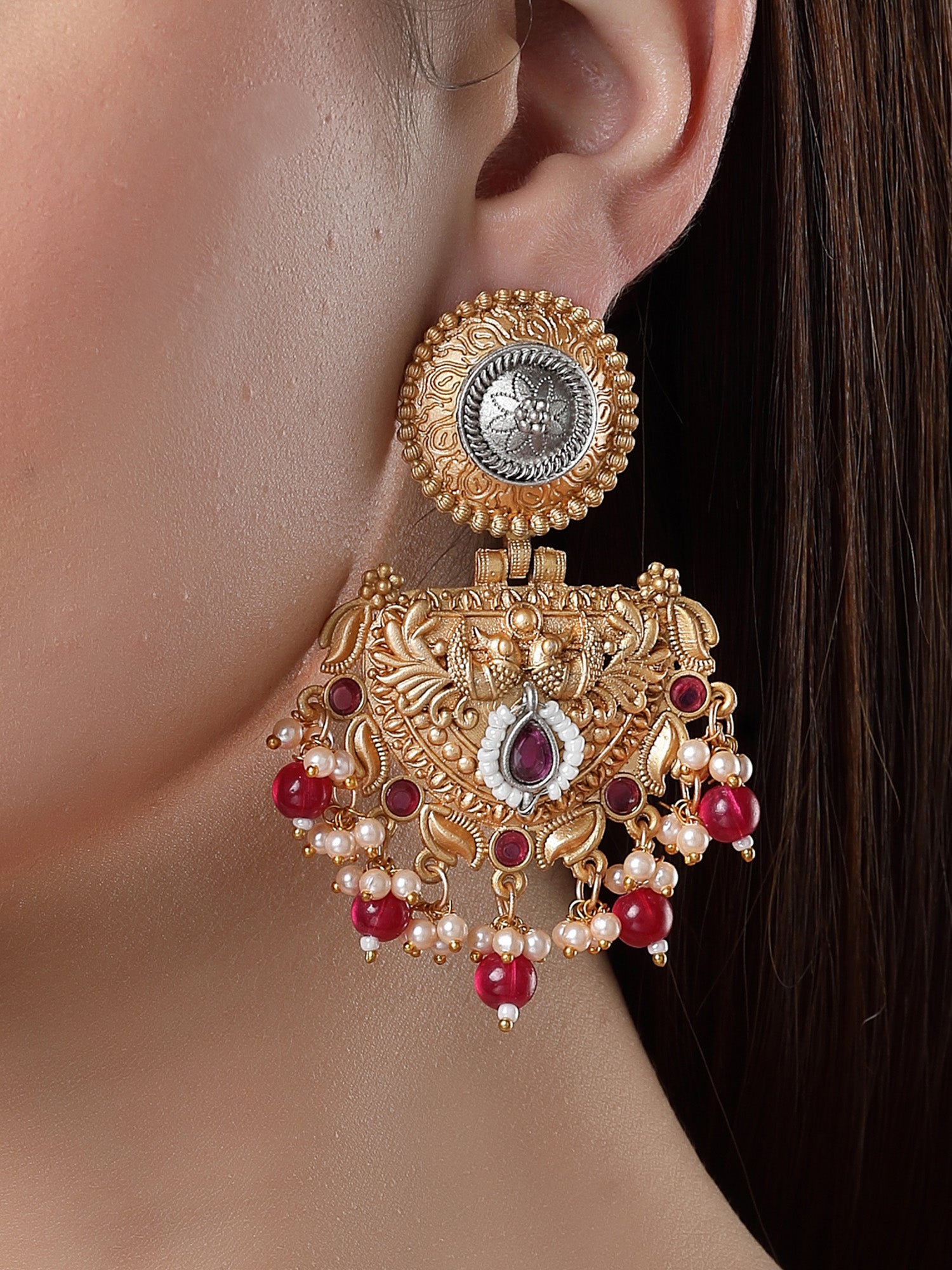 Karatcart Traditional Gold Plated Red Beads Peacock Design Kundan Dangler Earrings for Women