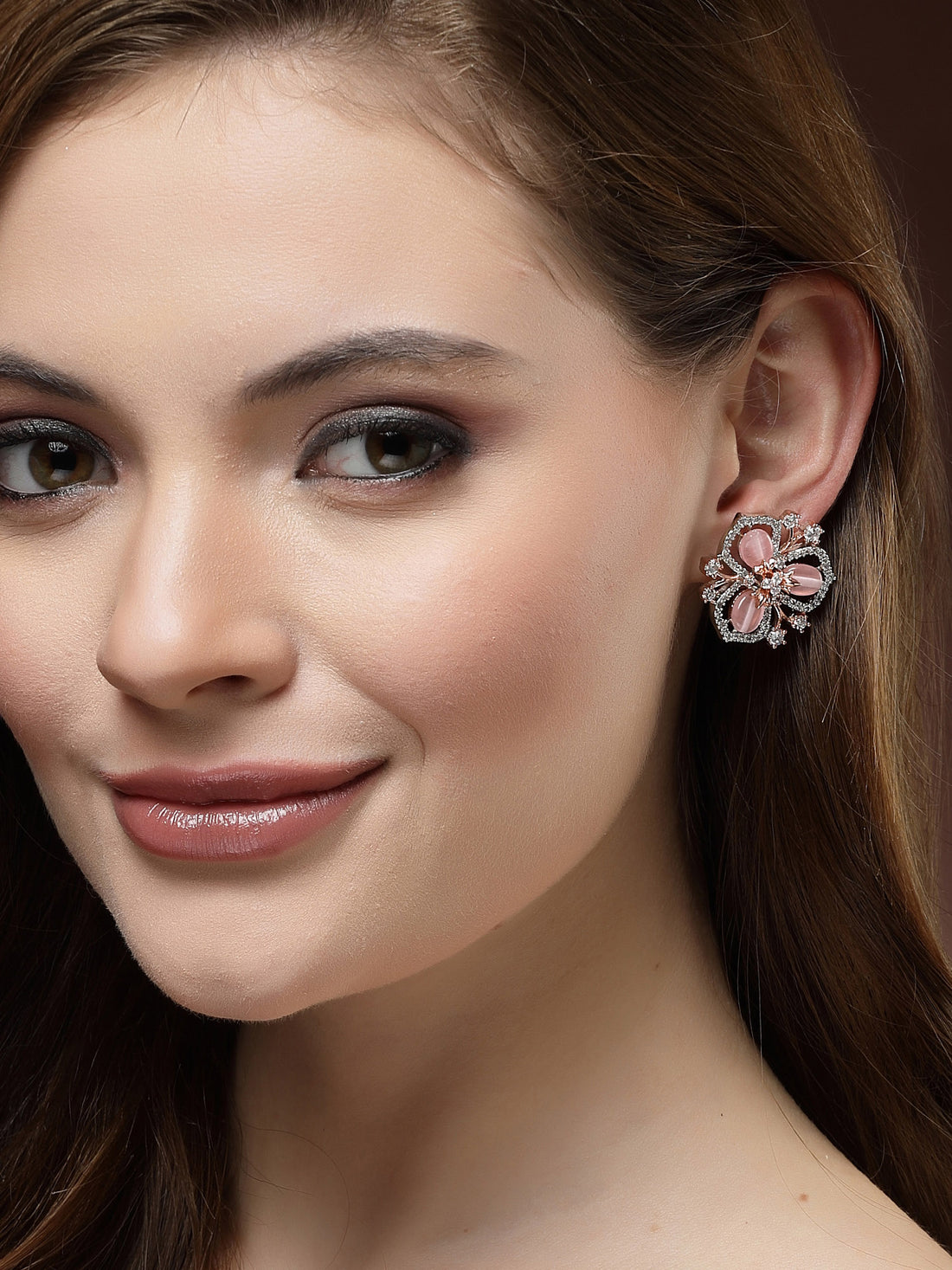 Karatcart Silver & Rose Gold Plated Pink Stone Floral Design Cubic Zirconia Stud Earrings