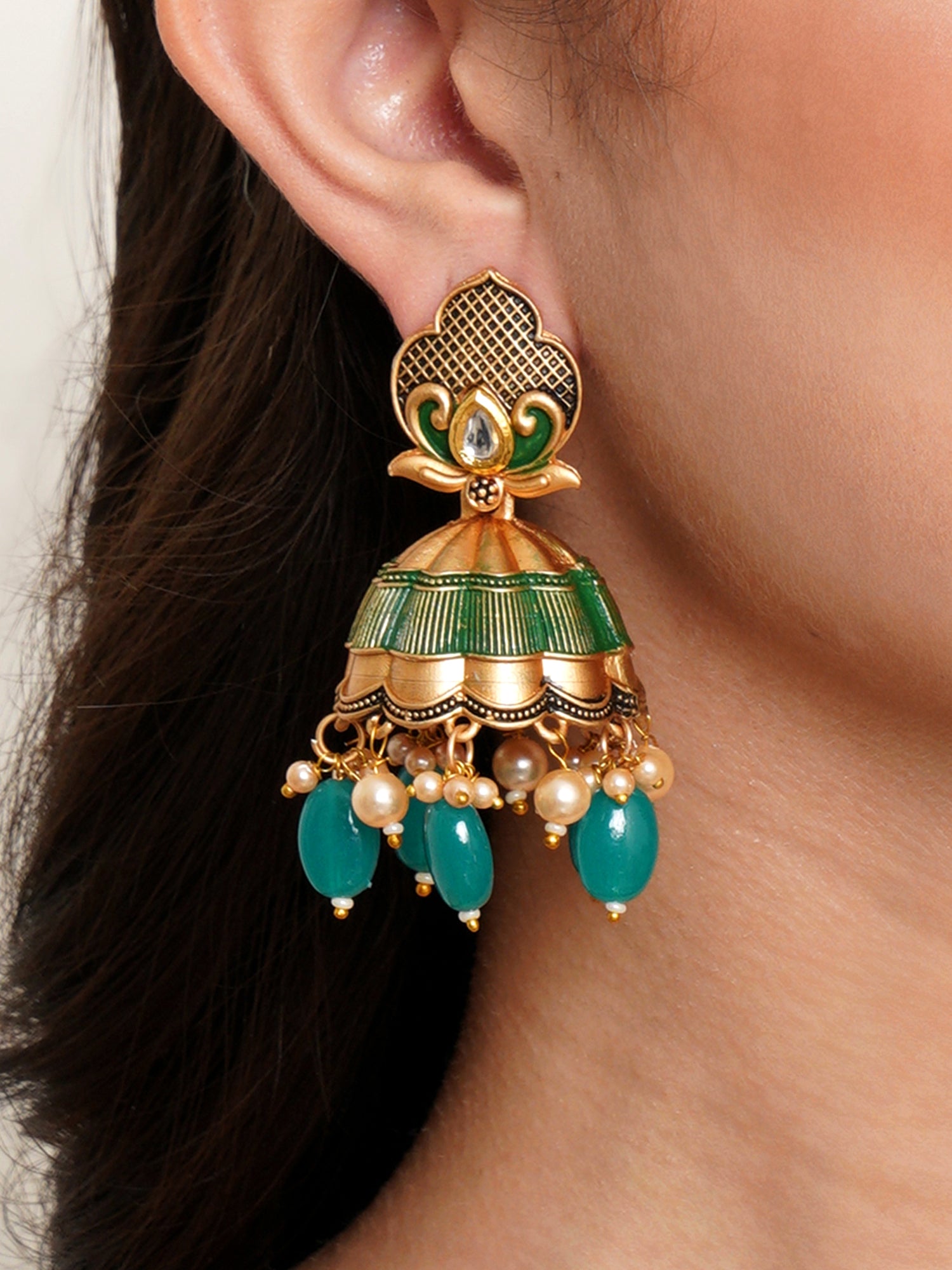 Karatcart Gold Plated Green Tumble and Golden Pearl Studded Jhumki Earrings for Women - Image 1