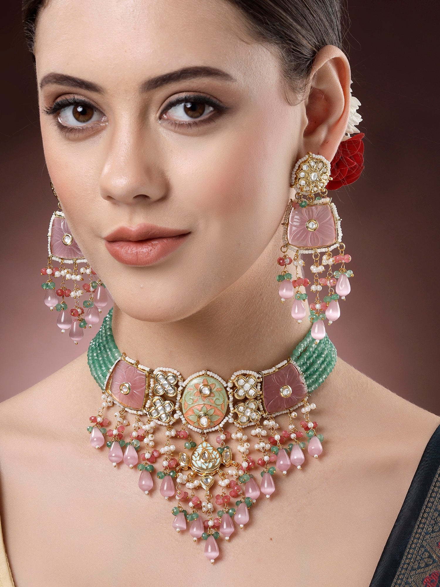 Karatcart Pink Carved Stone Green Crystal Polki Kundan Choker Necklace Set for Women