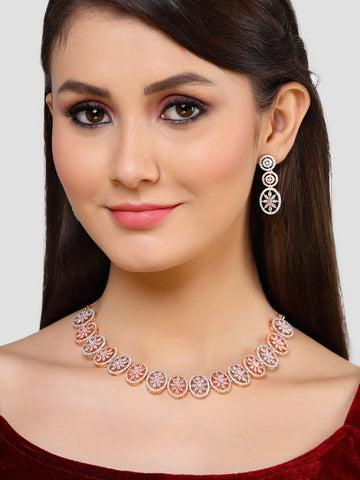 Karatcart Rose Gold Plated Pink Floral CZ Stone Studded Jewellery Set