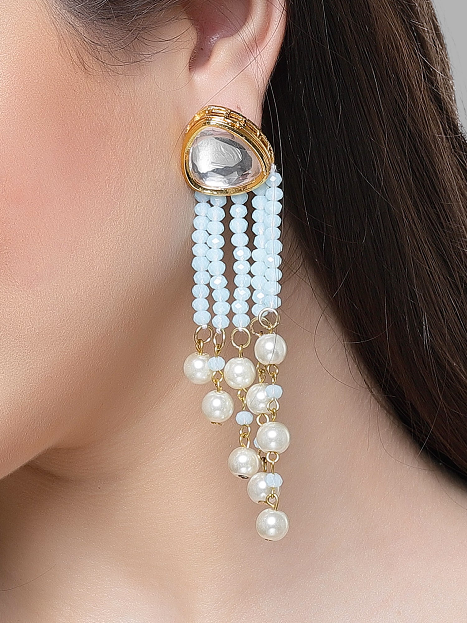 Karatcart Gold Plated Light Blue Crystal Kundan Drop Earrings for Women - Image 1