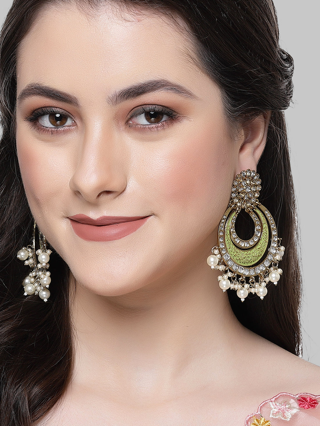 Karatcart Gold Plated Light Green Meena Kundan Chandbali Earrings for Women