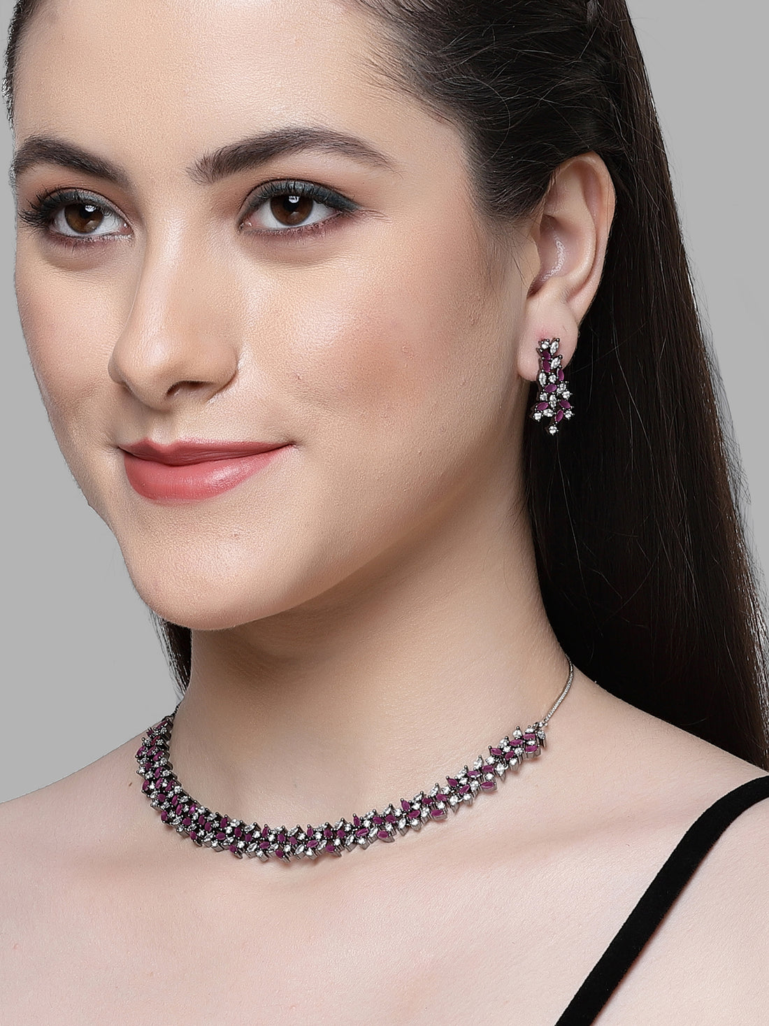 Karatcart Black Silver Plated Purple and White Cubic Zirconia Studded Necklace Set