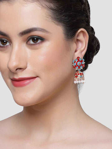 Karatcart Rose Gold Plated Floral Design Red and Blue Meena Jhumki Earrings for Women