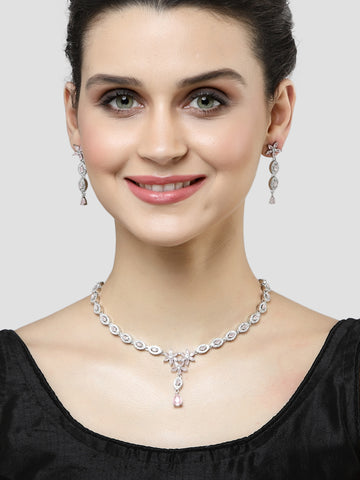 Karatcart Silver Plated Floral Design Pink Cubic Zirconia Studded Necklace Set