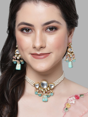 Karatcart Light Blue Tumble and Pearl Studded Polki Kundan Choker Necklace Set for Women