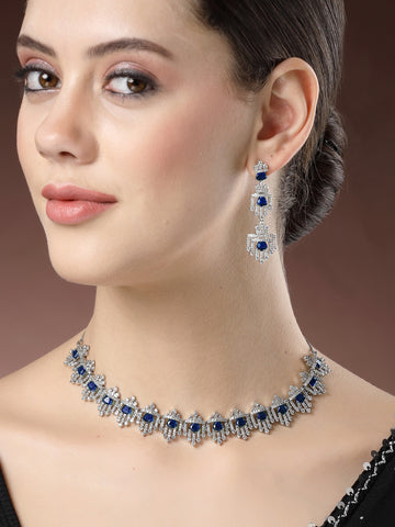 Karatcart Blue American Diamond Silver Tone Necklace for Women