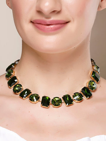 Bohey by KARATCART Gold-Plated Green Rhinestone Long Necklace for Women