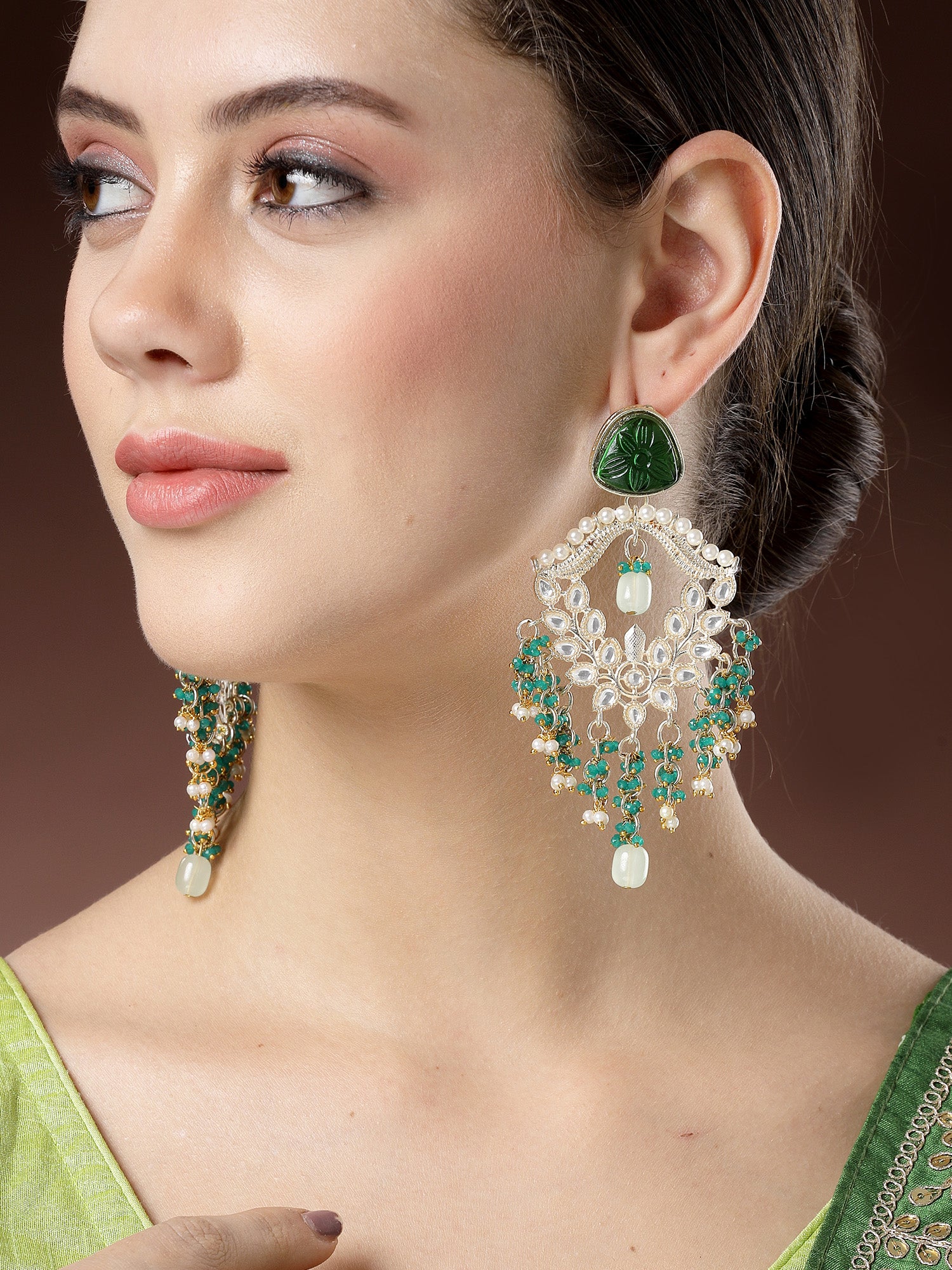 Karatcart Gold Plated Green Carved Stone and Crystal Dangler Earrings for Women - view 2