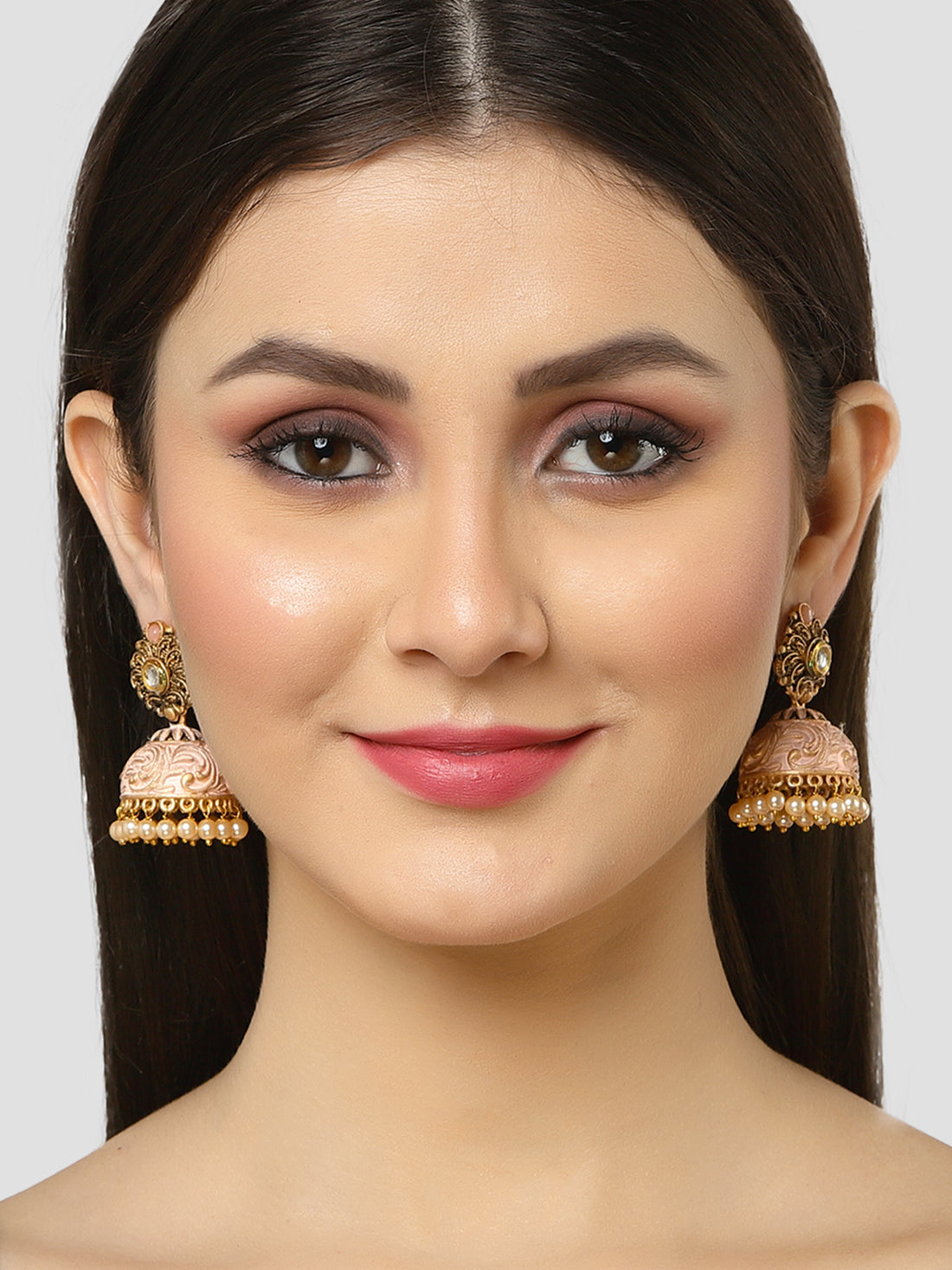 Karatcart Gold Plated Peach Meena Golden Pearl Jhumki Earrings for Women