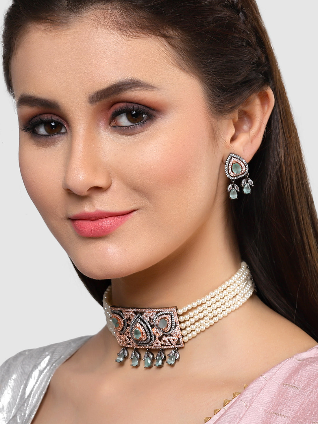 Karatcart Black Rose Gold Plated Pearl Beaded Cubic Zirconia Choker Necklace Set for Women