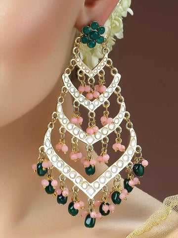 Karatcart Gold Plated Green Tumble Pink Crystal Kundan Drop Earrings for Women