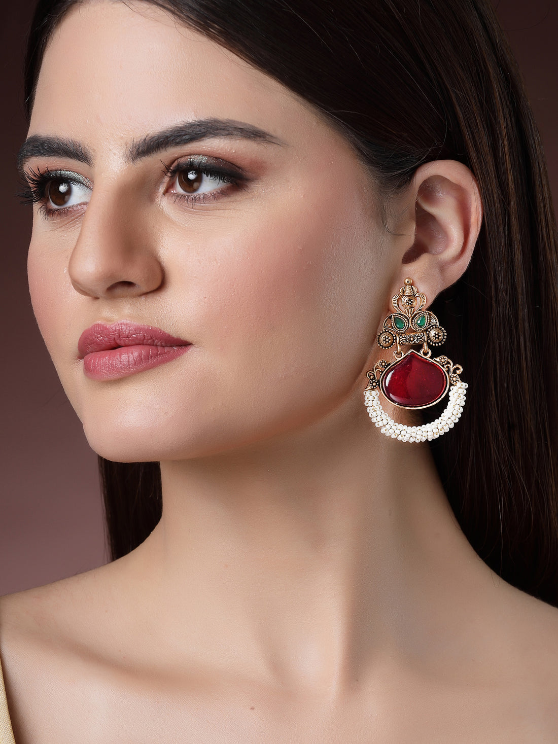 Karatcart Red Stone Studded Gold Plated Drop Earrings for Women