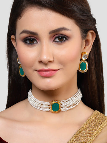 Karatcart Gold Plated Green Polki Kundan Choker Necklace Set for Women