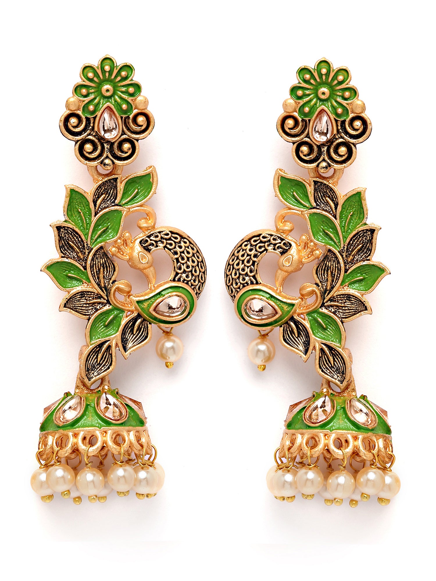 Karatcart Gold Plated Peacock Shape Light Green Kundan Dangler Jhumki Earrings for Women - view 4