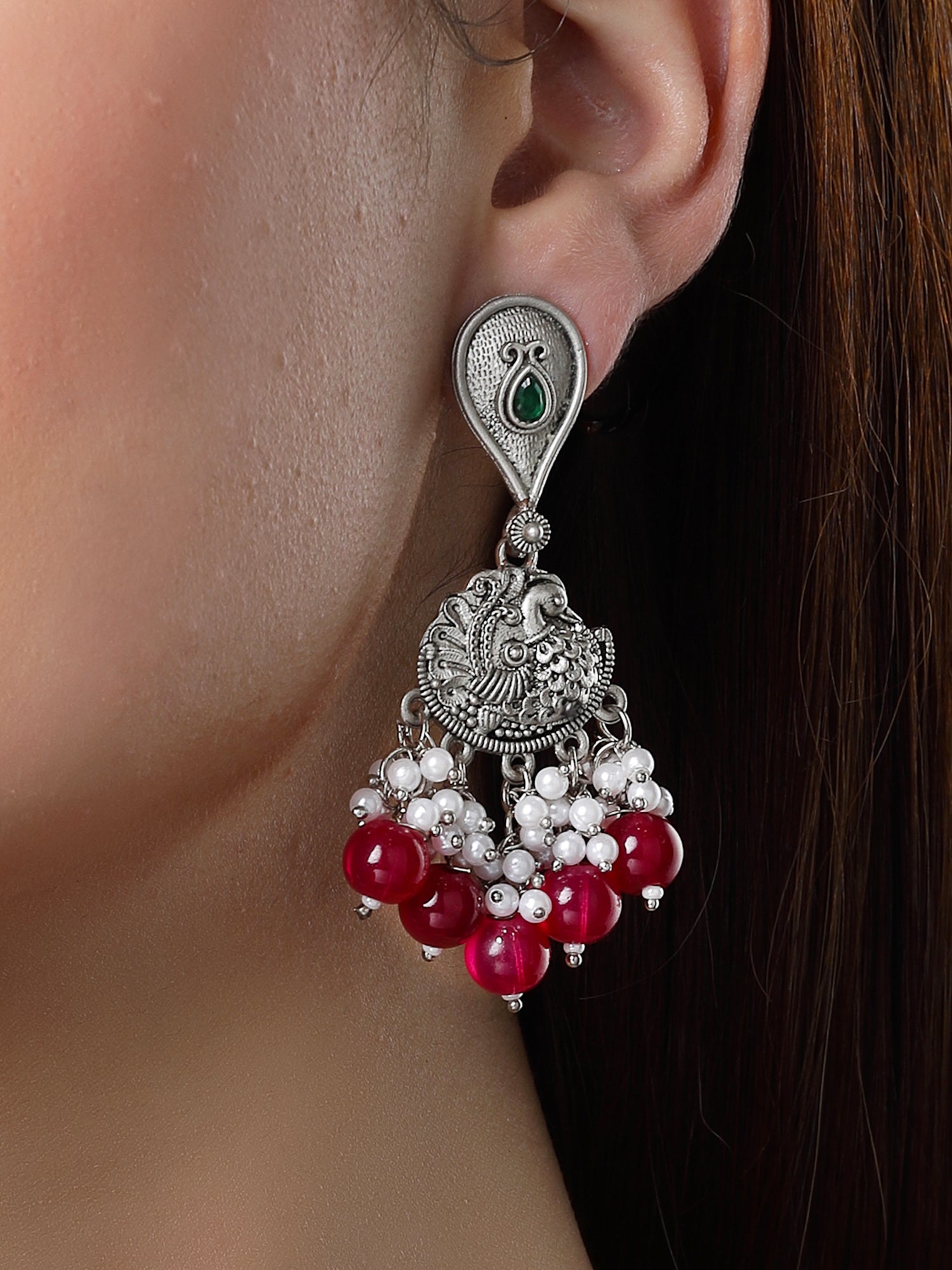 Karatcart Oxidised Silver Red Beads Peacock Design Kundan Drop Earrings for Women