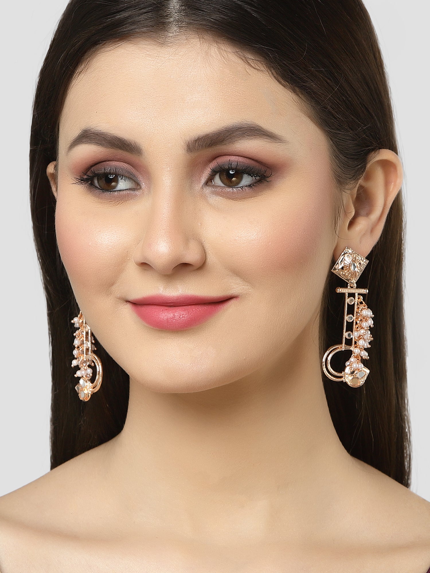 Karatcart Rose Gold Plated Mirror Studded Pearl Dangler Earrings for Women - view 2