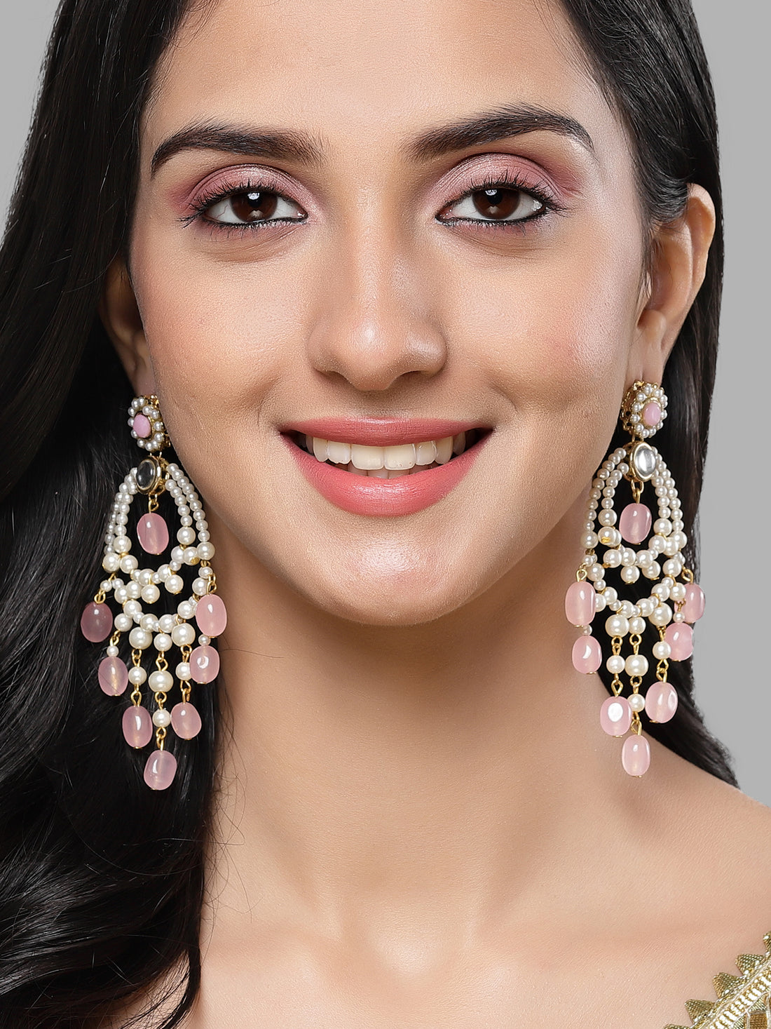 Karatcart Gold Plated Pink Tumble and Pearl Kundan Drop Hoop Earring for Women