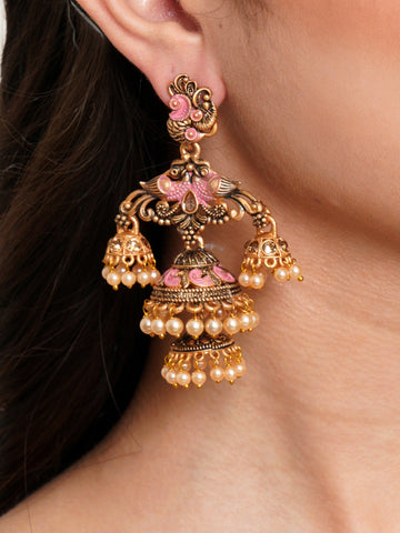 Karatcart Gold Plated Pink Meena Double Jhumki Earrings for Women