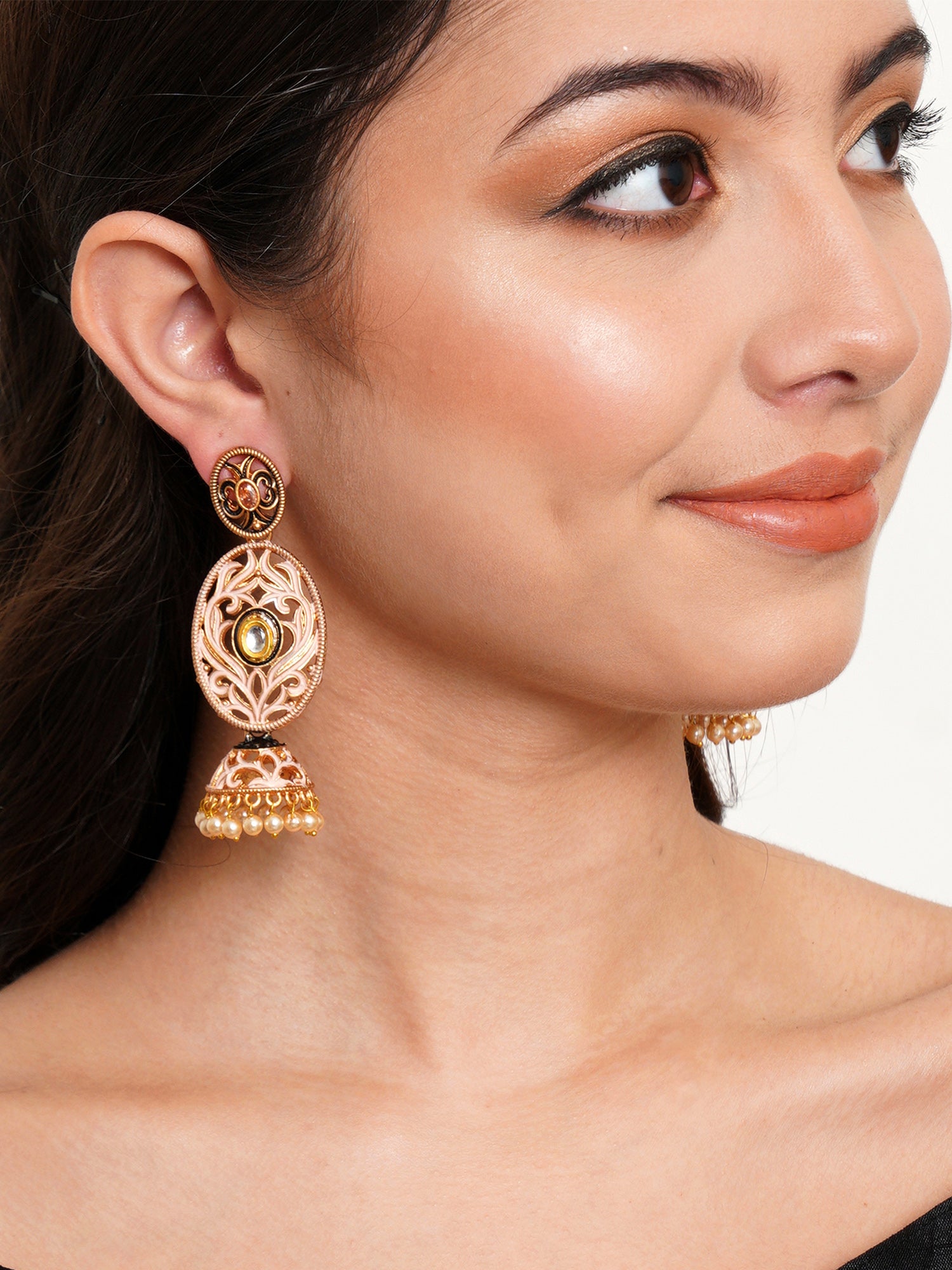 Karatcart Gold Plated Pink Meena Dangler Jhumki Earrings for Women - view 2