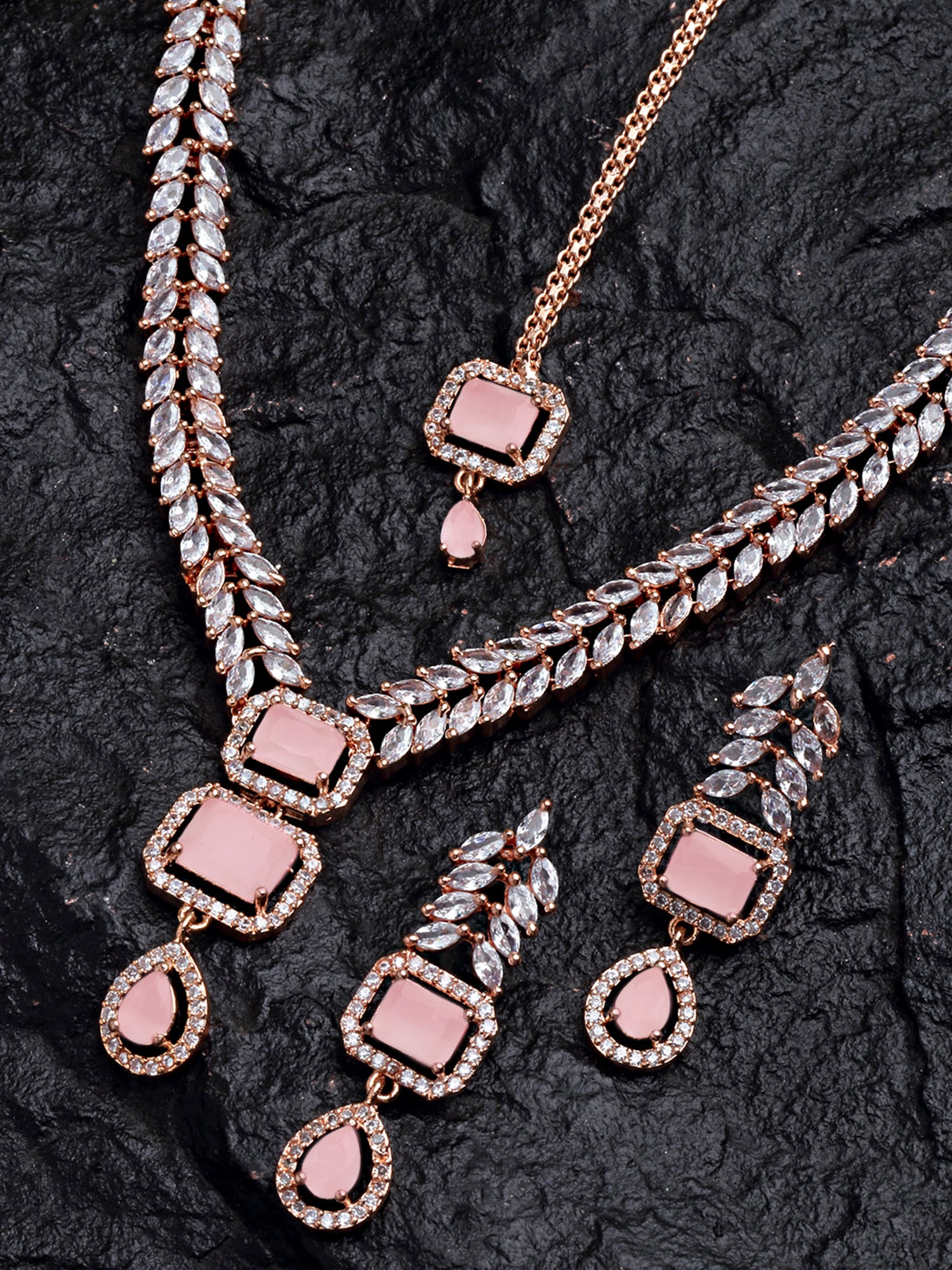 Karatcart Pink Cubic Zirconia Studded Rose-Gold Plated Necklace Set for Women - view 3
