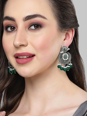 Karatcart Oxidised Silver Green Beads Floral Drop Earrings for Women