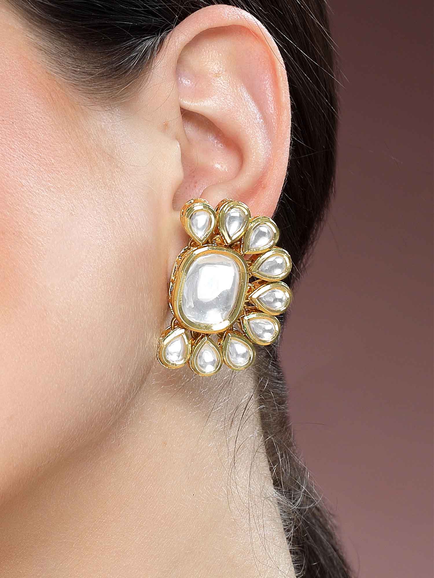 Karatcart Gold Plated Polki Kundan Stud Earrings for Women - Image 1