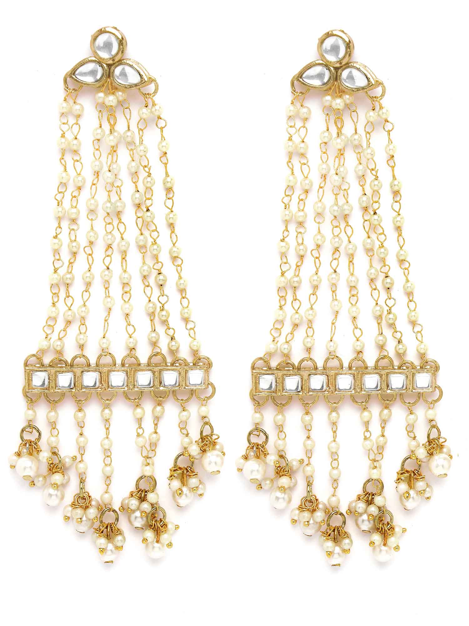 Karatcart Gold Plated Pearl Chain Kundan Drop Earrings for Women - view 4