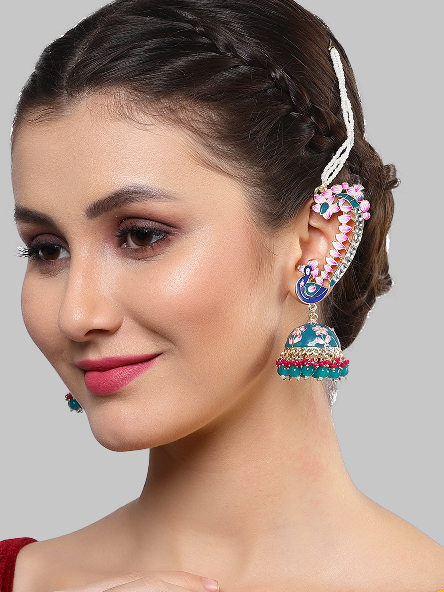 Karatcart Gold Plated Peacock Design Green Meena Kaanchain Jhumki Earrings for Women - Image 1