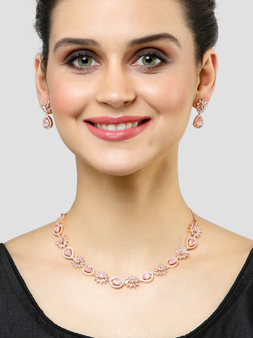 Karatcart Floral Design Pink Cubic Zirconia Studded Rose Gold Plated Necklace Set