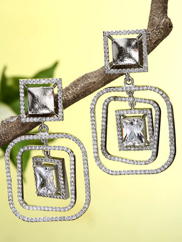 Karatcart Silver Tone Cubic Zirconia Studded Square Dangler Earrings for Women