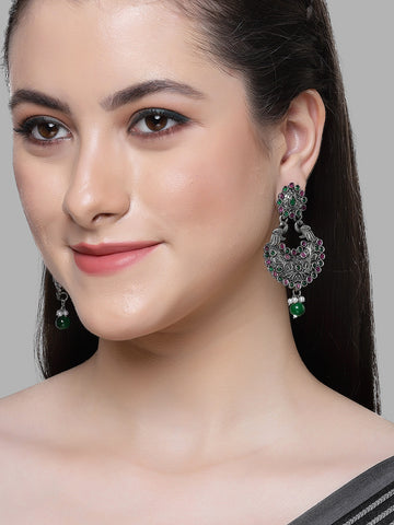 Karatcart Oxidised Silver Drop Shape Peacock Purple and Green Stone Dangler Earring for Women