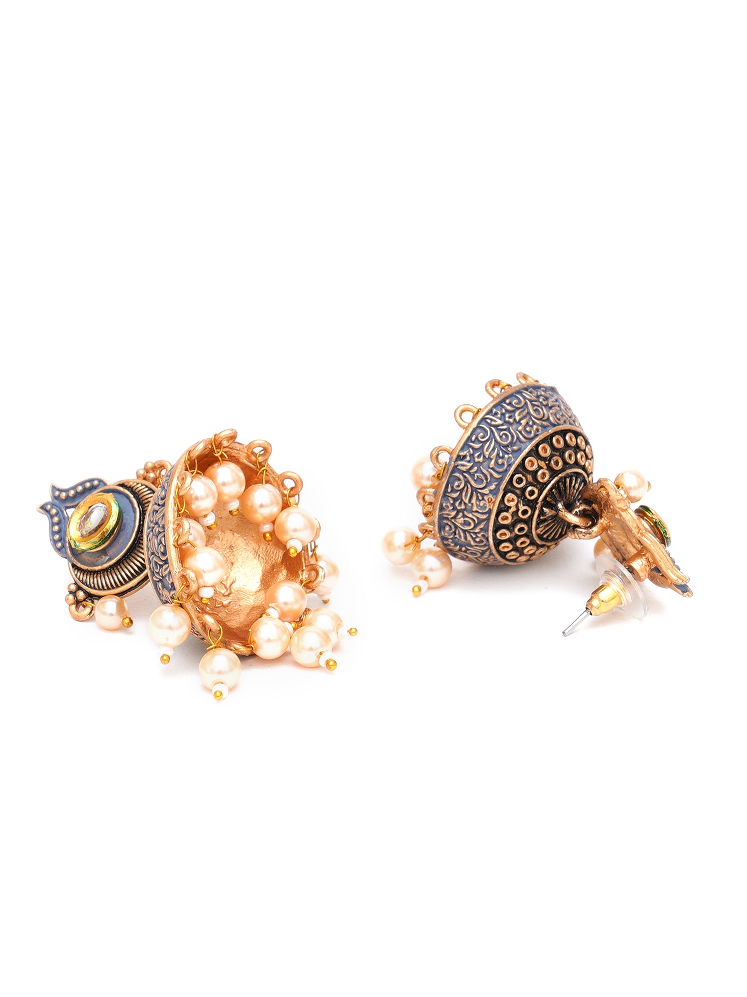 Karatcart Antique Gold Plated Polki Kundan Studded Grey Meena Jhumki Earrings for Women - view 5