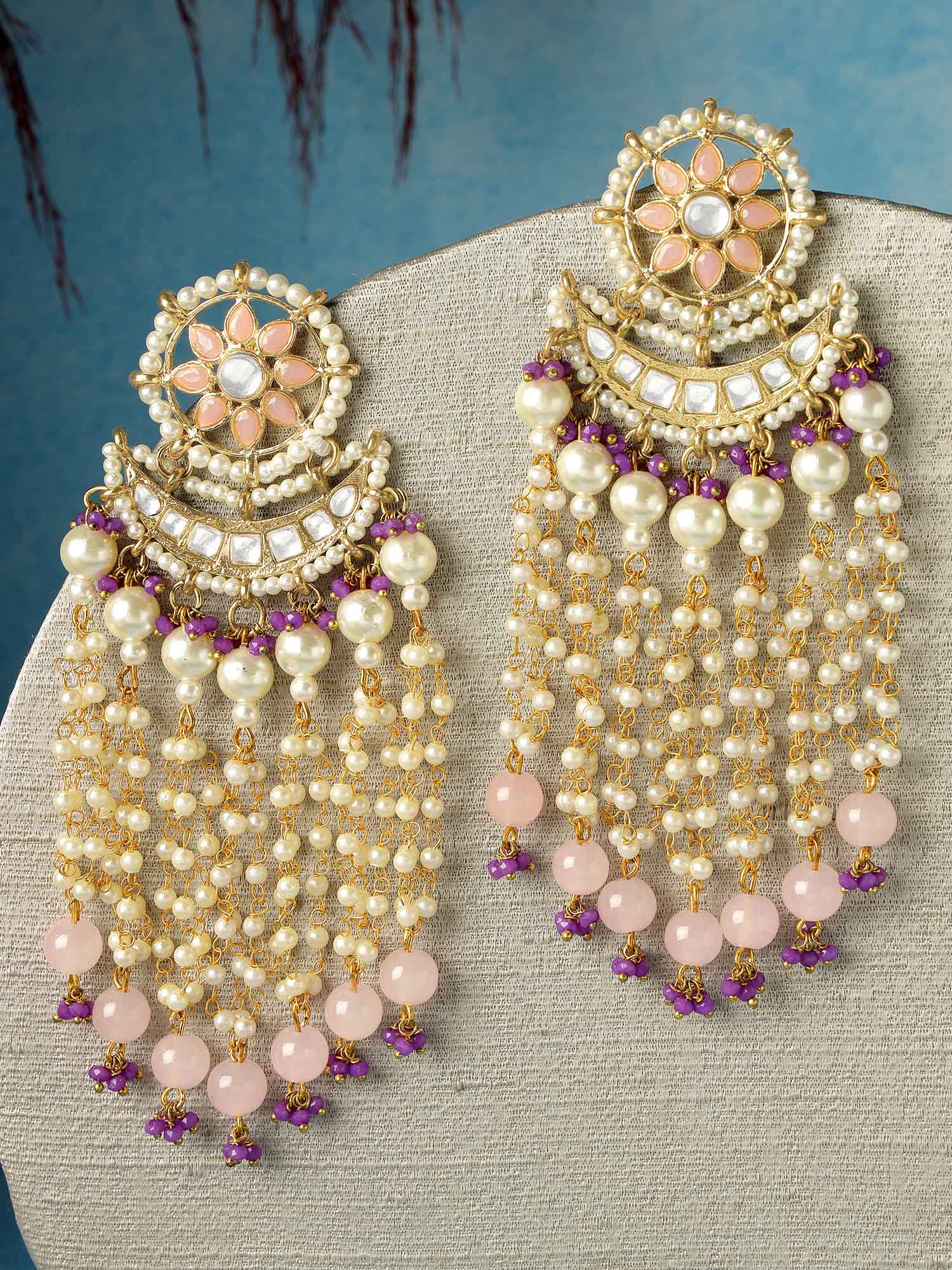 Karatcart Gold Plated Pink Beads Purple Crystals Kundan Tassel Earrings for Women