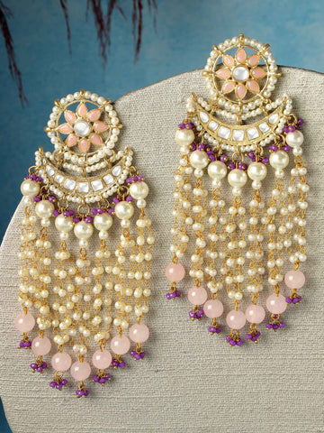 Karatcart Gold Plated Pink Beads Purple Crystals Kundan Tassel Earrings for Women