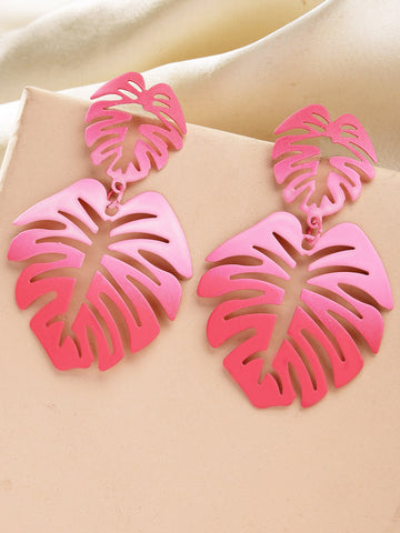 Bohey by KARATCART Pink Monstera Leaf Design Dangler Earrings for Women