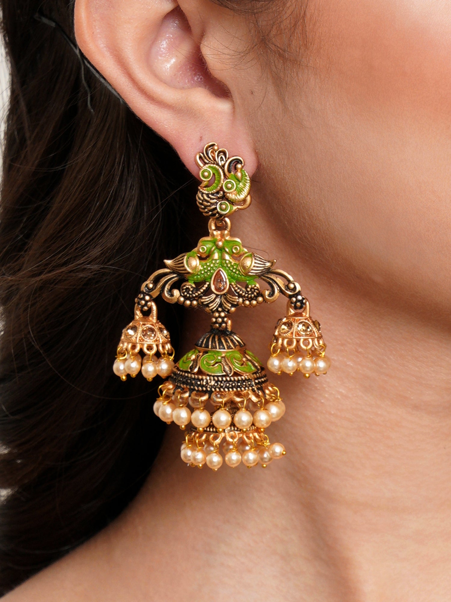 Karatcart Gold Plated Light Green Meena Double Jhumki Earrings for Women