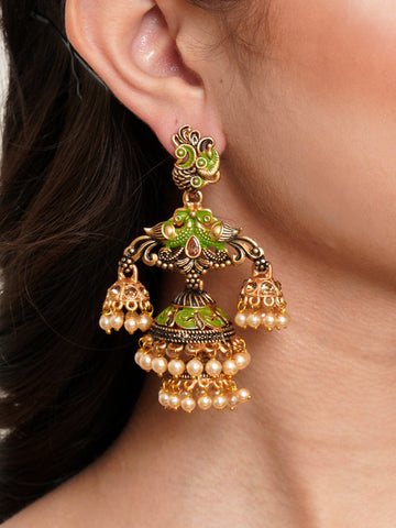 Karatcart Gold Plated Light Green Meena Double Jhumki Earrings for Women