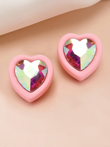 Bohey by KARATCART Pink Matte Finish Heart Shape Rhinestone Stud Earrings for Women