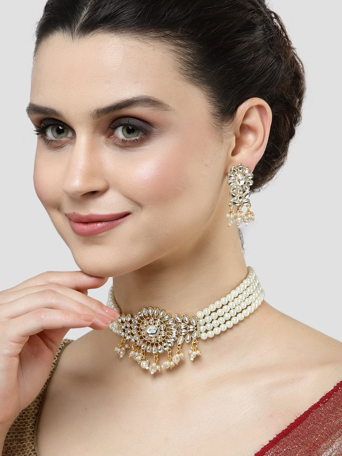 Karatcart Gold Plated Pearl Beaded Kundan Choker Necklace Set